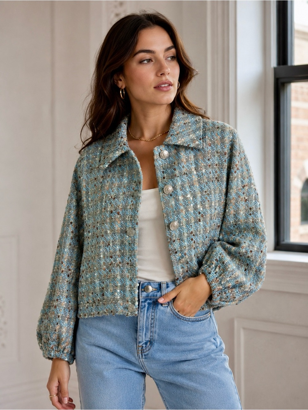 🌺 Tyler Boe Tweed Cropped Blazer in Blue Multi